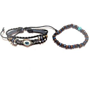 Dark Blue Evil Eye 2 Piece Bracelet Set with Black Cord